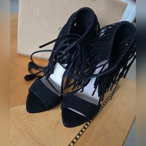 Zara black fringed sandals stiletto heel lace-up ankle straps US 6, EUR 36